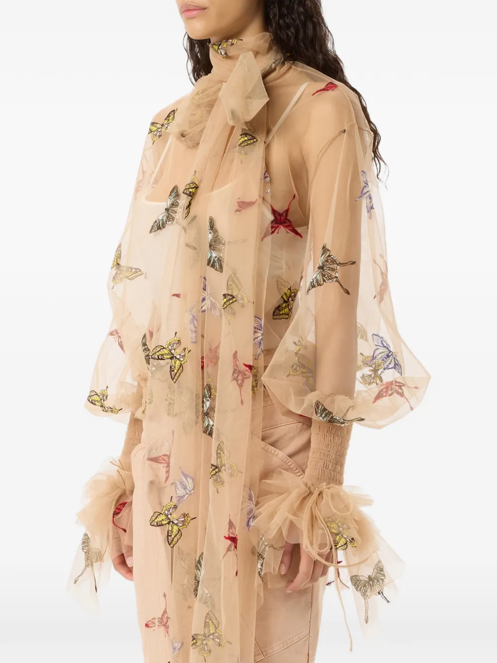 Blumarine Mesh blouse met geborduurde vlinder Beige