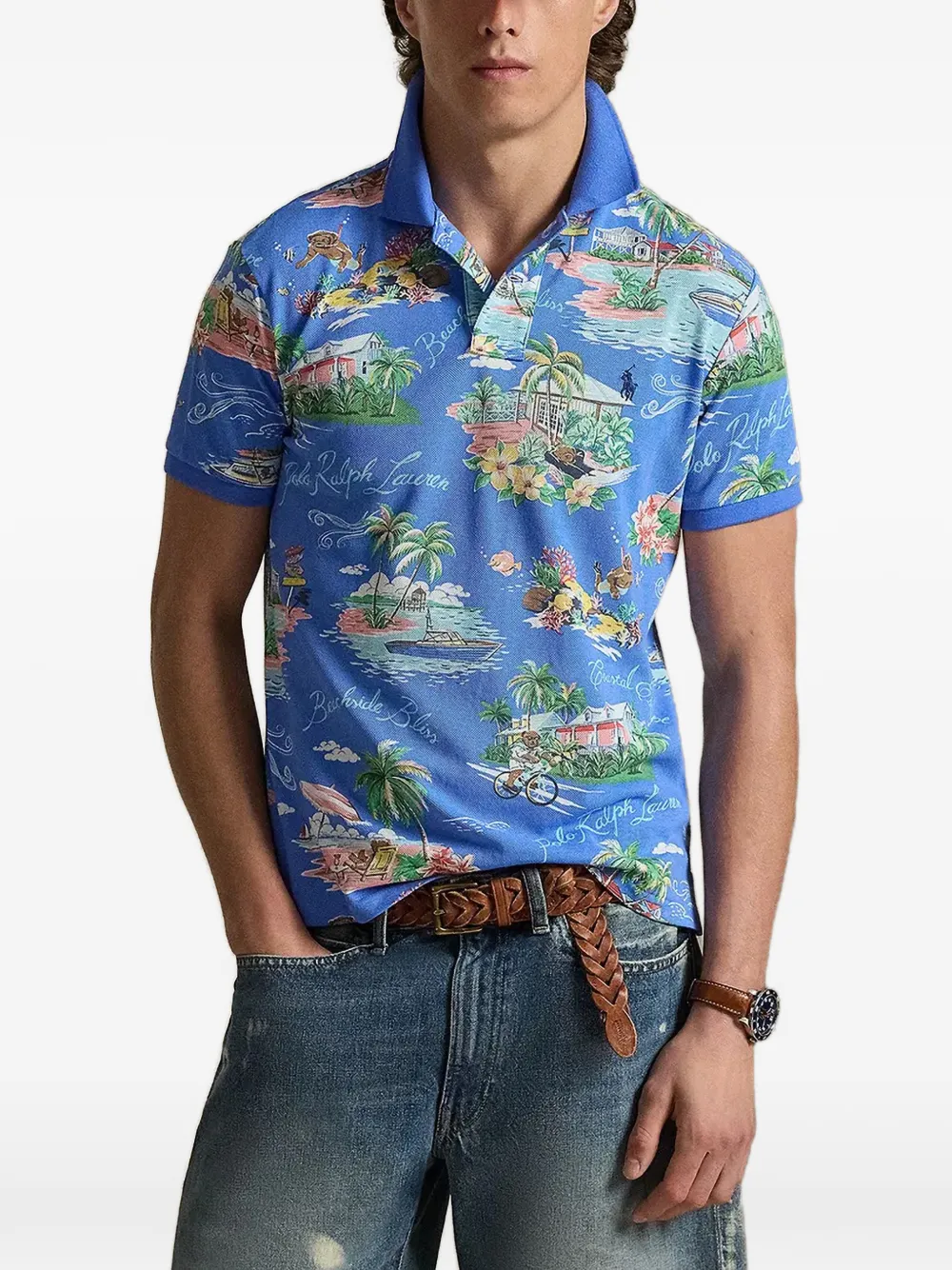 Polo Ralph Lauren tropical-print pique polo shirt - Blau