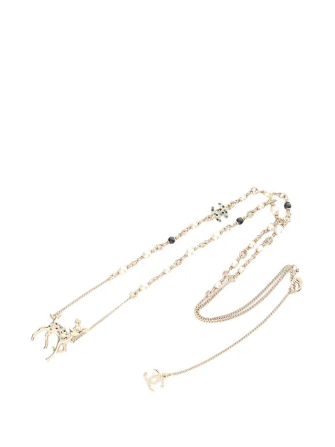 CHANEL Pre-Owned 2026 CC Gold Plated Faux Pearl and Rhinestone Deer Pendant Necklace costume necklace