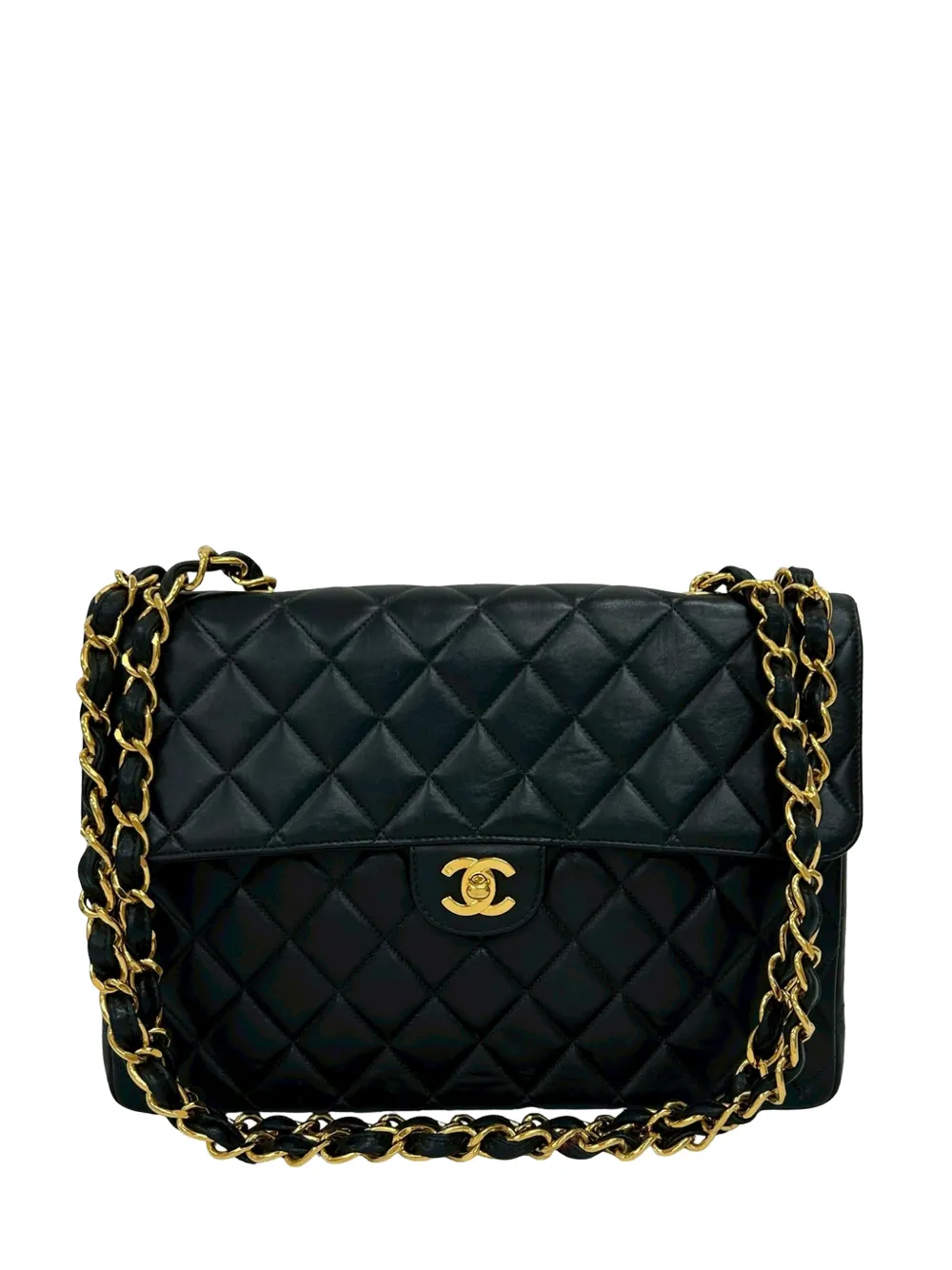 Pre-owned Chanel 2000-2002 Jumbo Classic Lambskin Single Flap Shoulder Bag In Black