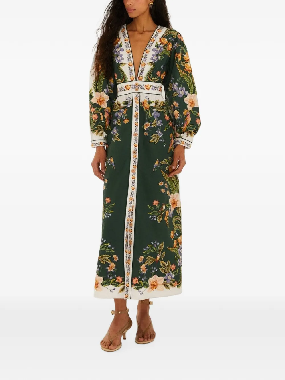 FARM Rio Jurk met bloemenprint en V-hals Groen