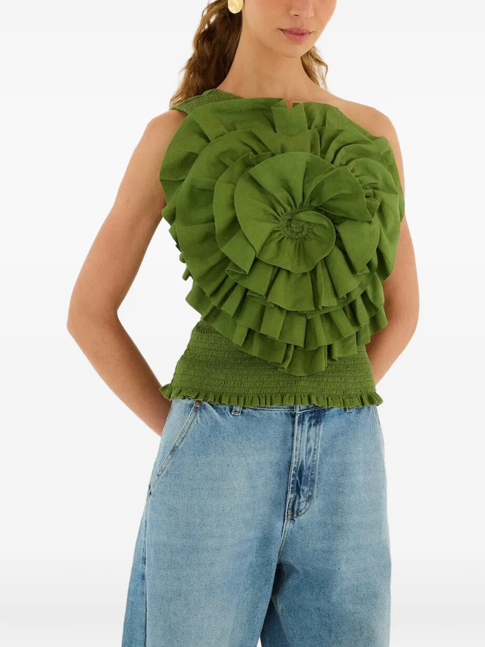 FARM Rio ruffled one-shoulder top - Verde