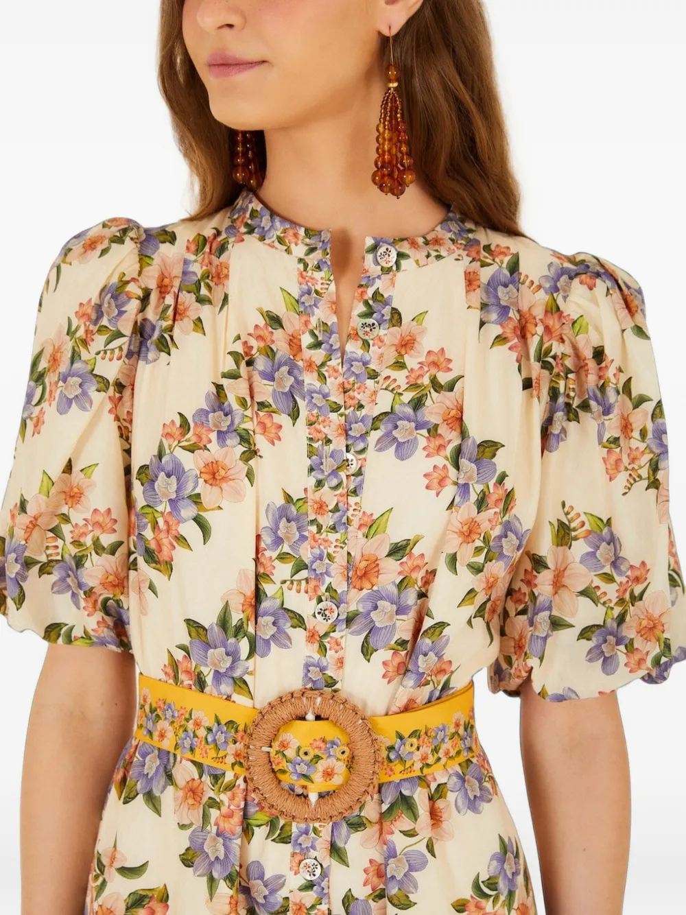 FARM Rio Jurk met bloemenprint en ceintuur Bruin