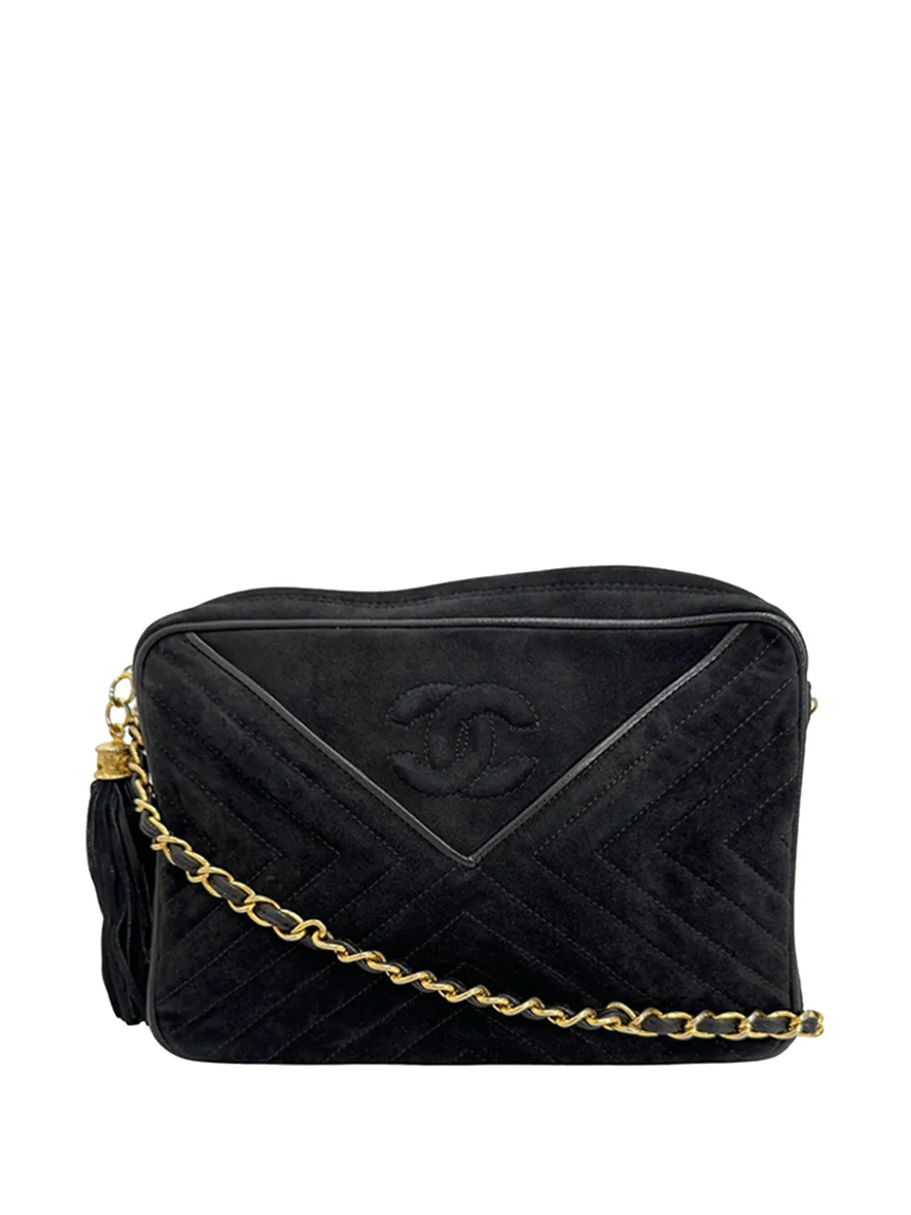 Pre-owned Chanel 1986-1988 Cc Quilted Suede Tassel Camera Bag Crossbody Bag In Black