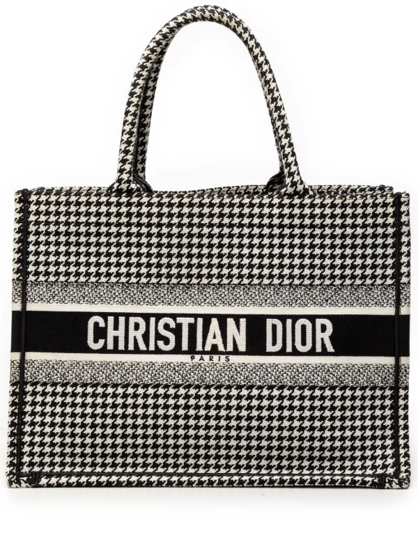 Dior Pre-owned 2019 Medium Canvas Houndstooth Embroidered Book Tote Bag in Black