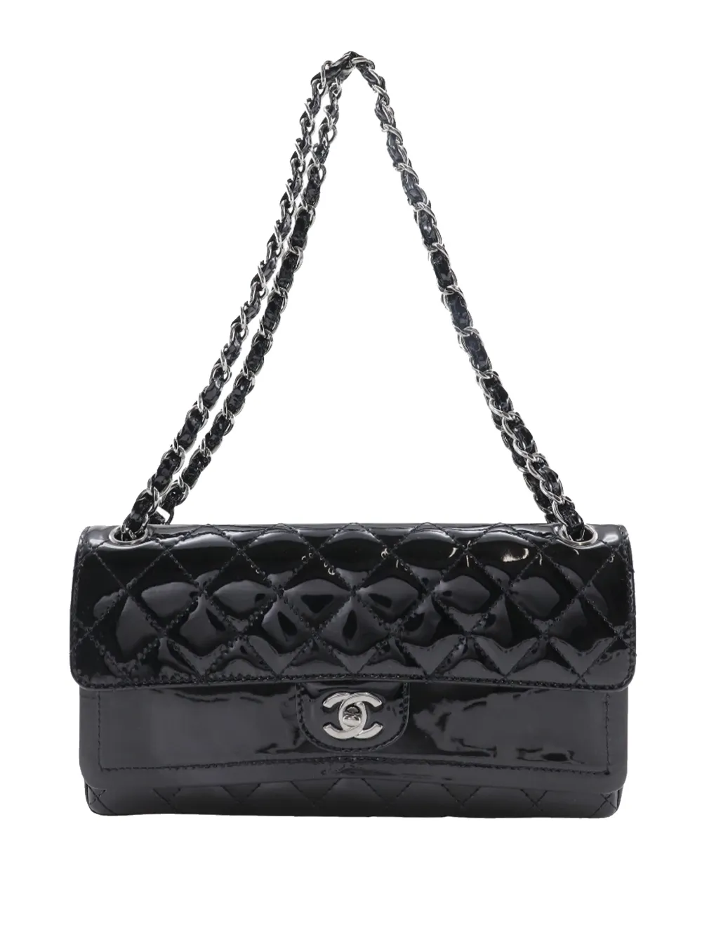 Pre-owned Chanel 2005-2006 Quilted Patent Double Flap Shoulder Bag In Black