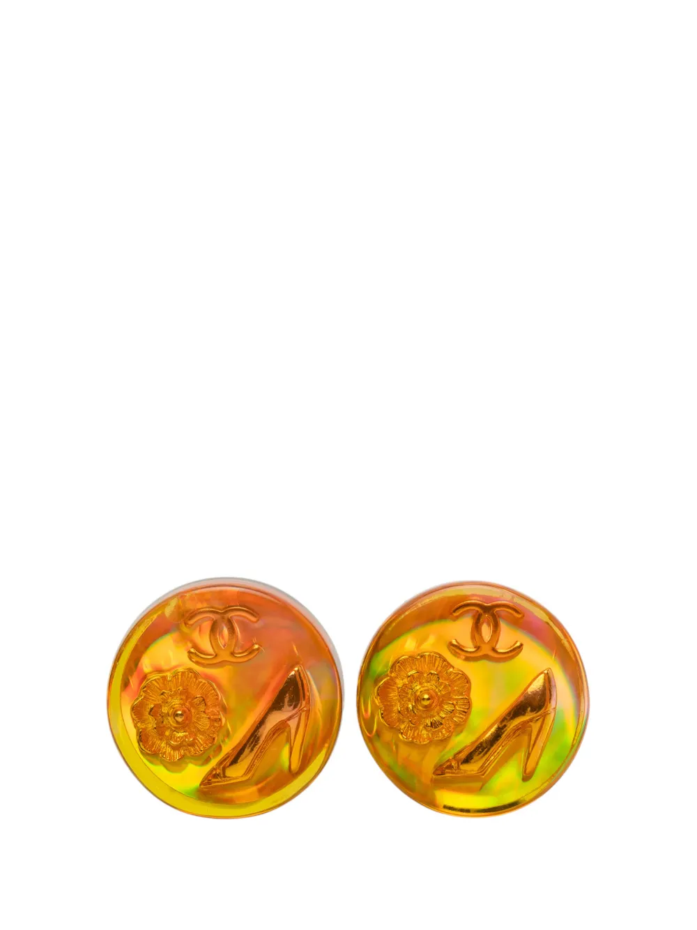 CHANEL Pre-Owned 1997 Gold Plated Resin CC Camellia Button Clip On Earrings costume earrings