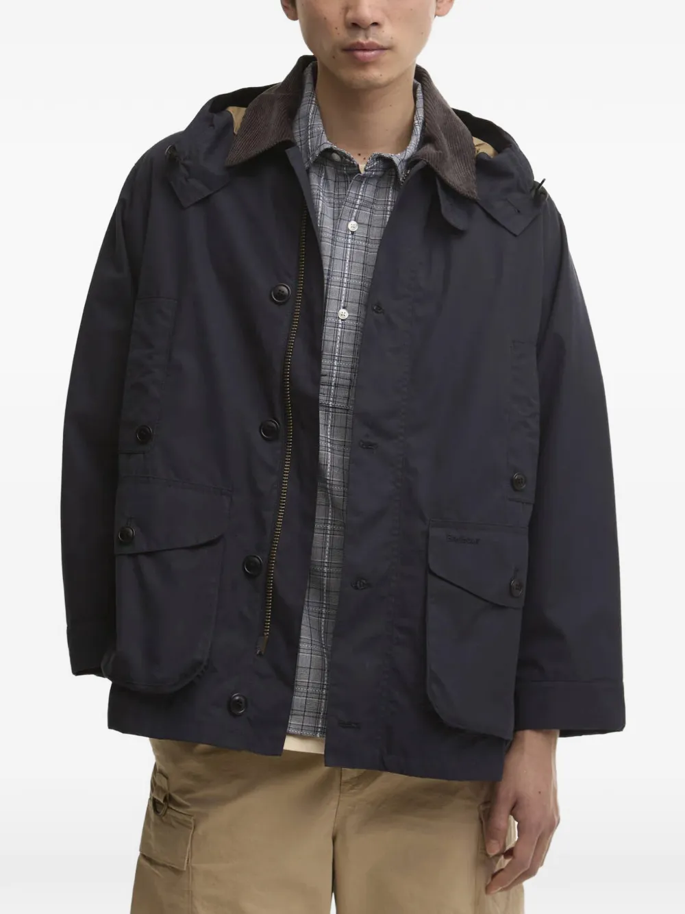 Barbour Ventile jack met capuchon en ribfluwelen kraag Blauw