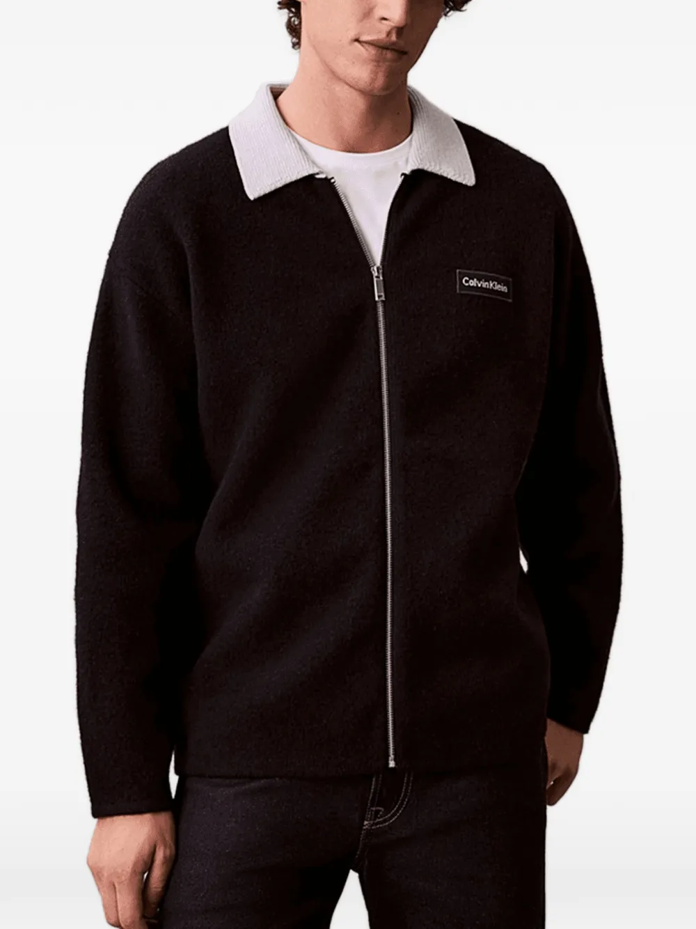 Calvin Klein point-collar zip-up cardigan - Nero