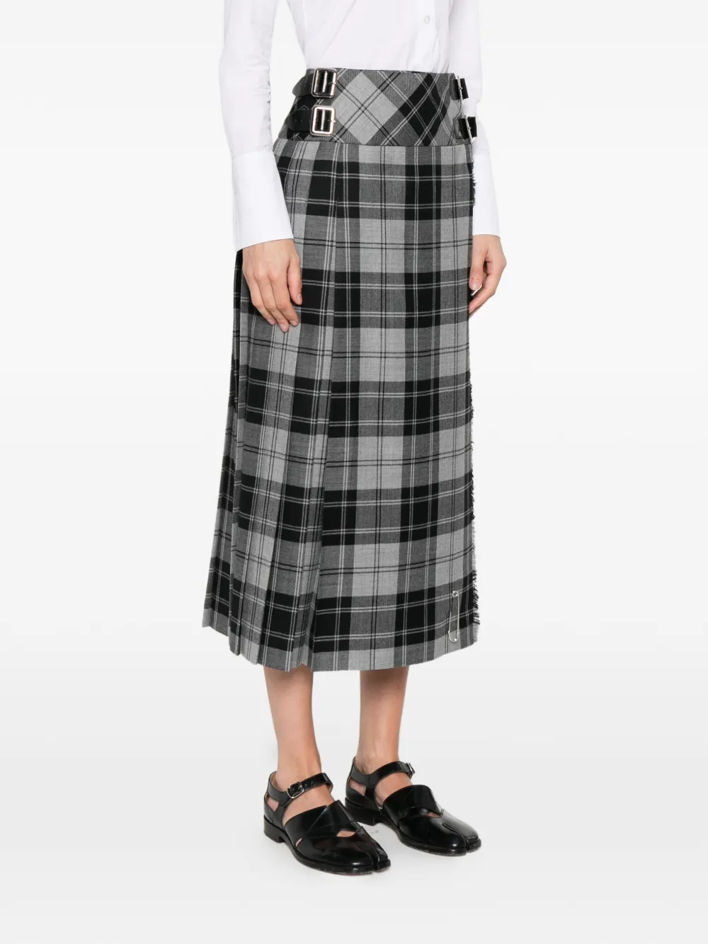  Le Kilt Buckle Plaid Midi Skirt - Grey 