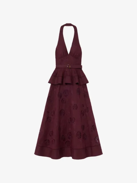 Self-Portrait plum linen-blend peplum midi dress