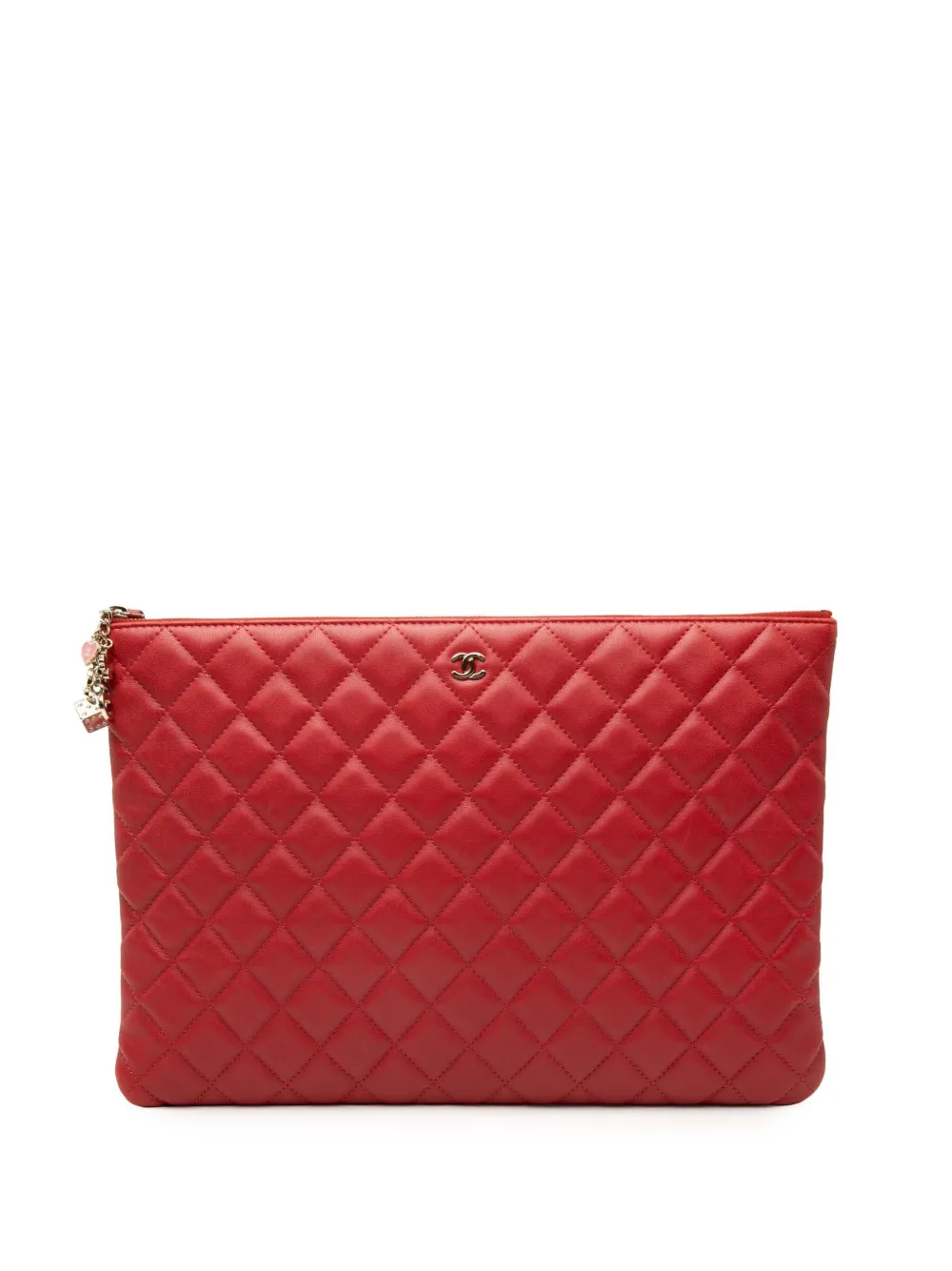 Pre-owned Chanel 2016-2017 Large Quilted Lambskin Casino Charms O Case Clutch Bag In Red
