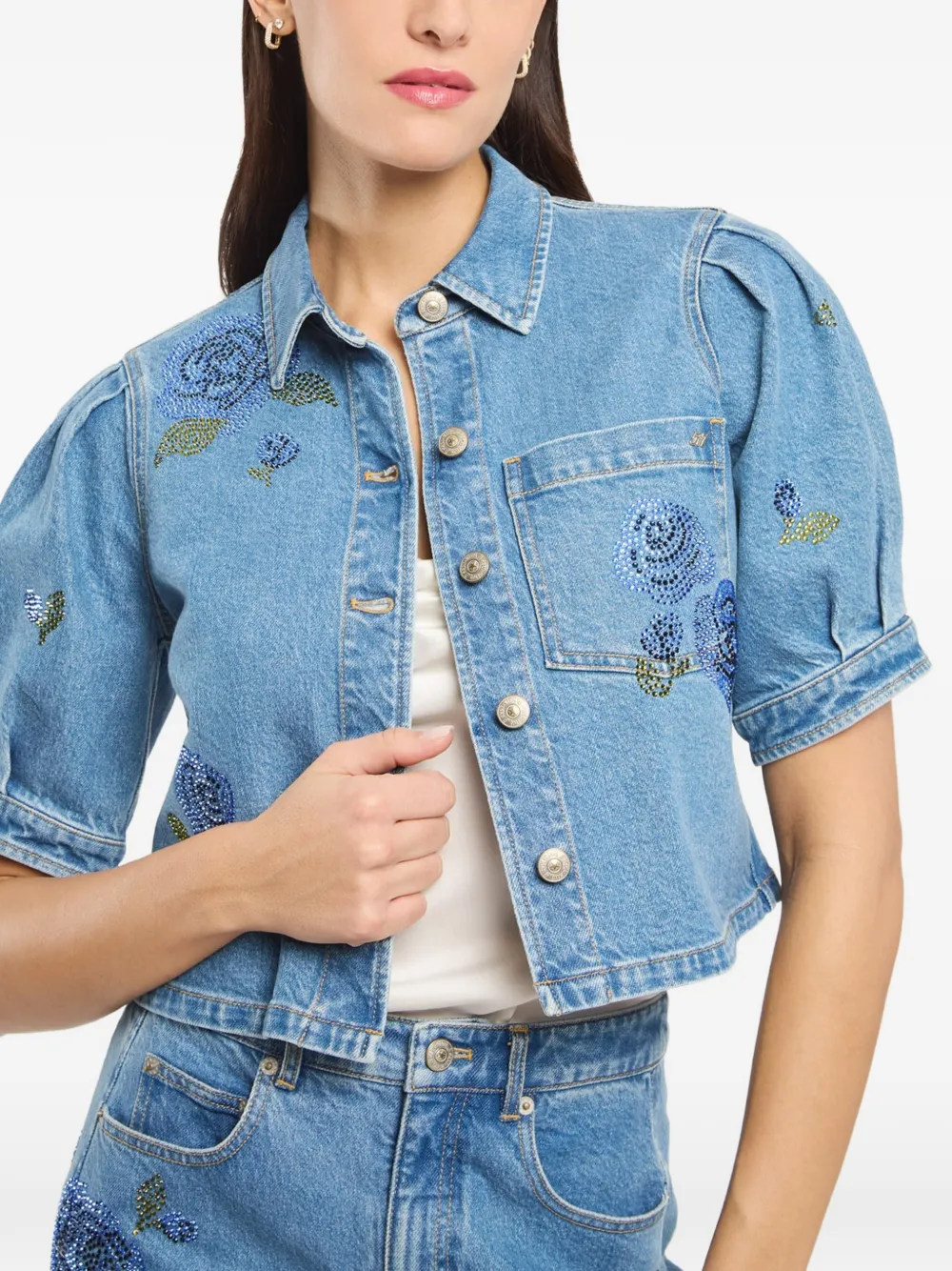 Cinq A Sept Halsie denim blouse met pofmouwen Blauw