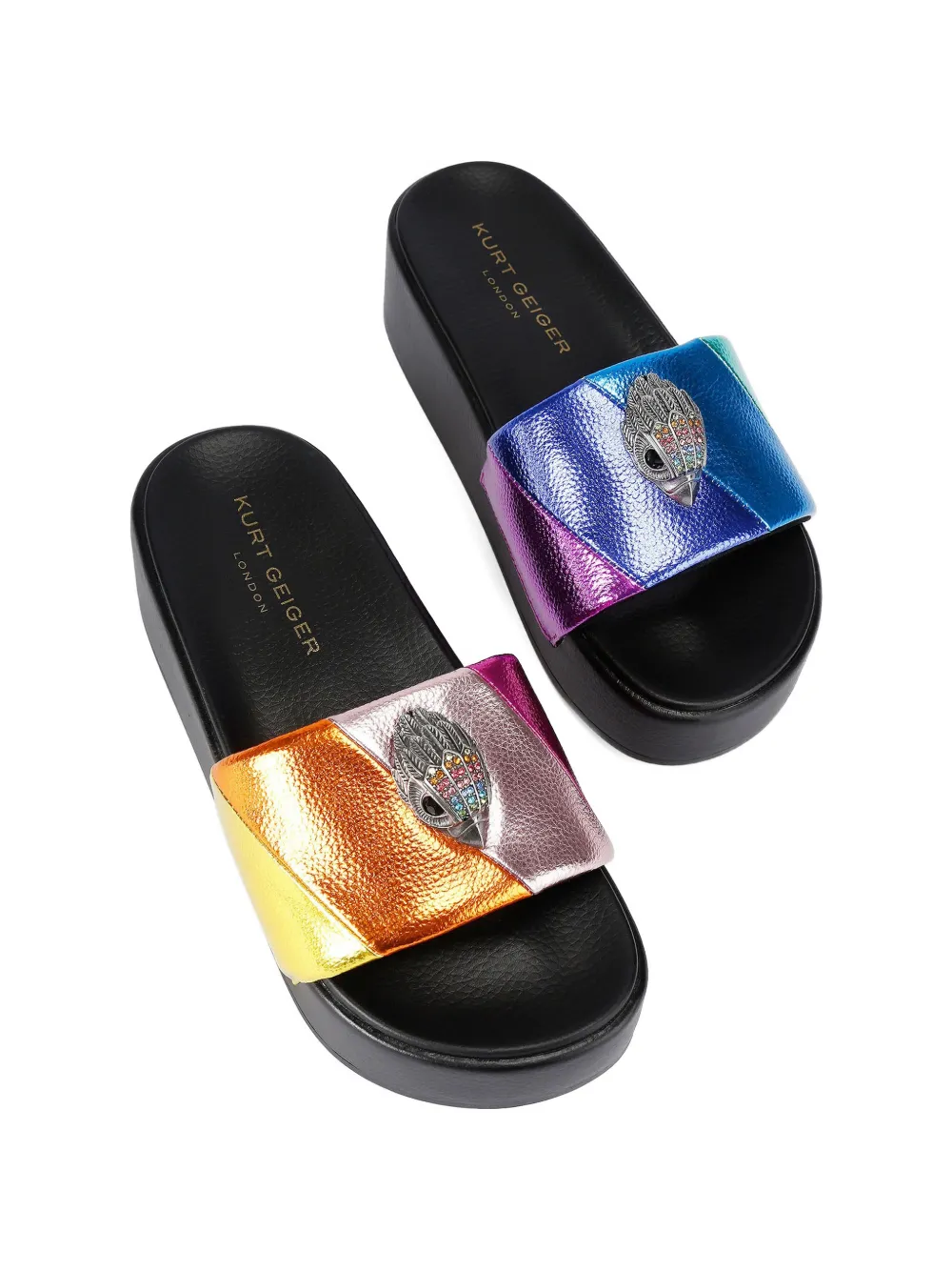 Kurt Geiger London Meena gestreepte sandalen met plateauzool en kristallen Zwart