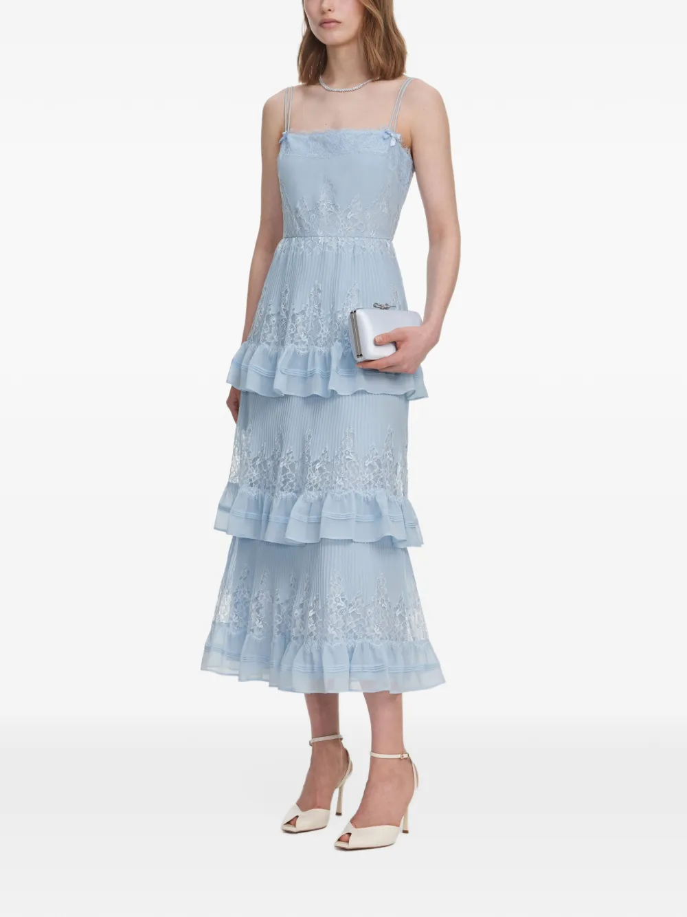 Self-Portrait Gelaagde midi-jurk met kant Blauw