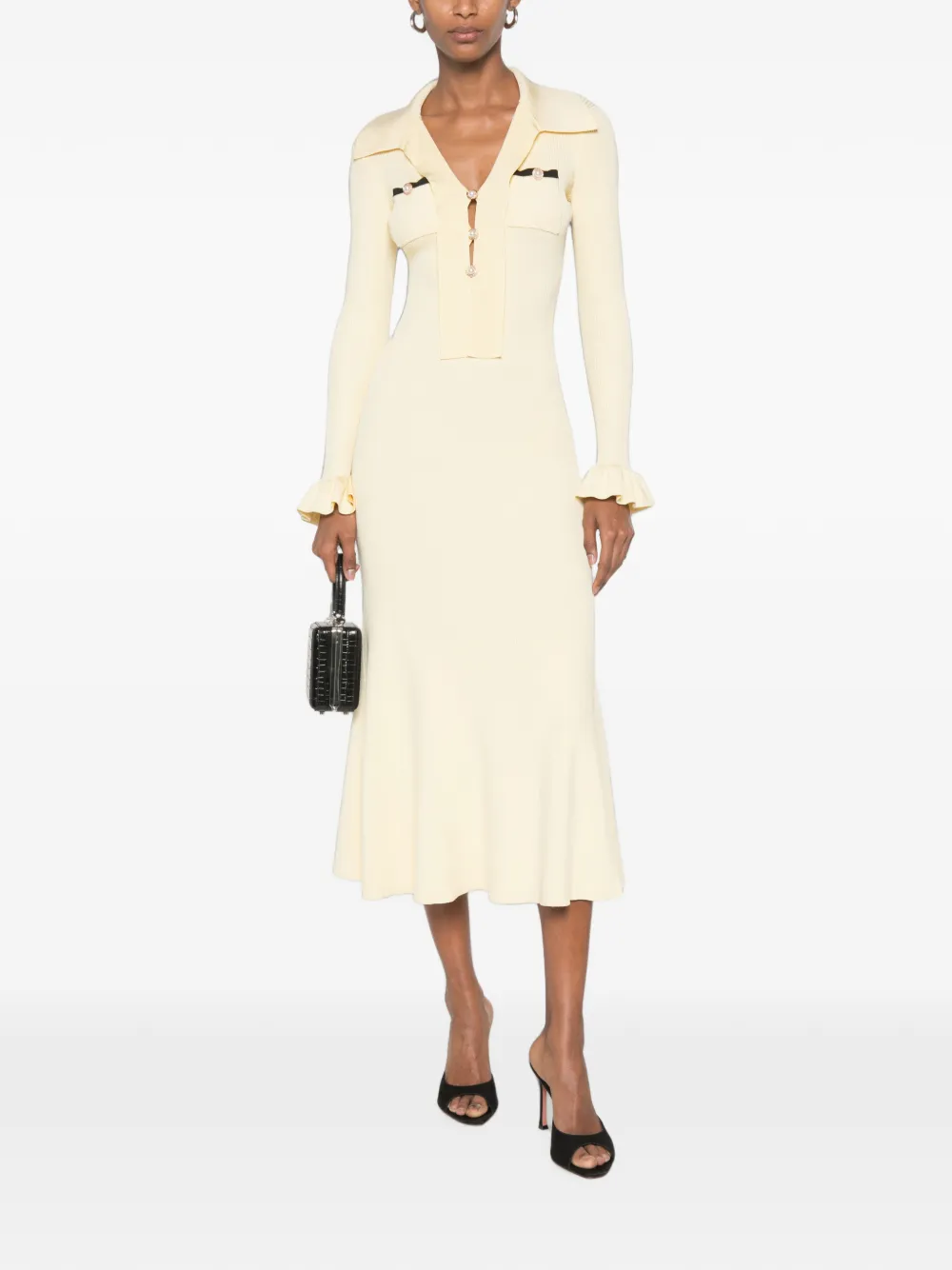 Self-Portrait Gebreide midi-jurk met viscose en strik Geel
