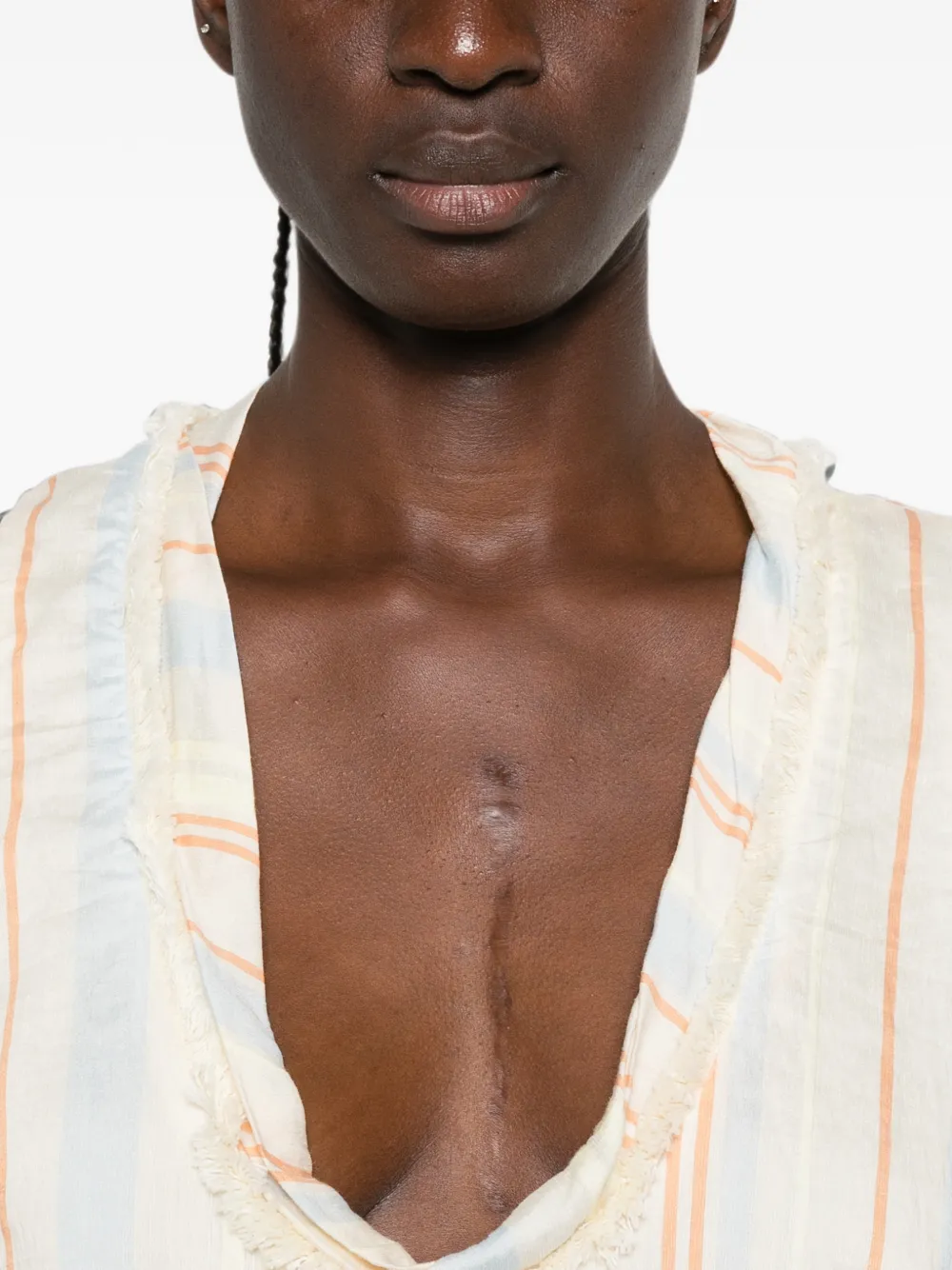 SIR. Pernille gestreepte jurk met diepe ronde hals Beige