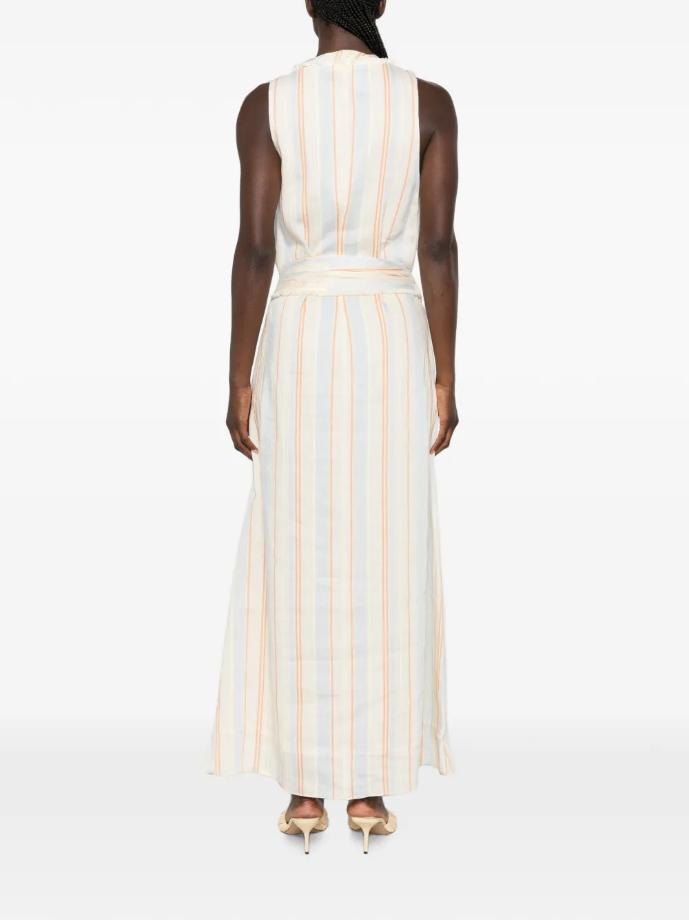 SIR. Pernille gestreepte jurk met diepe ronde hals Beige