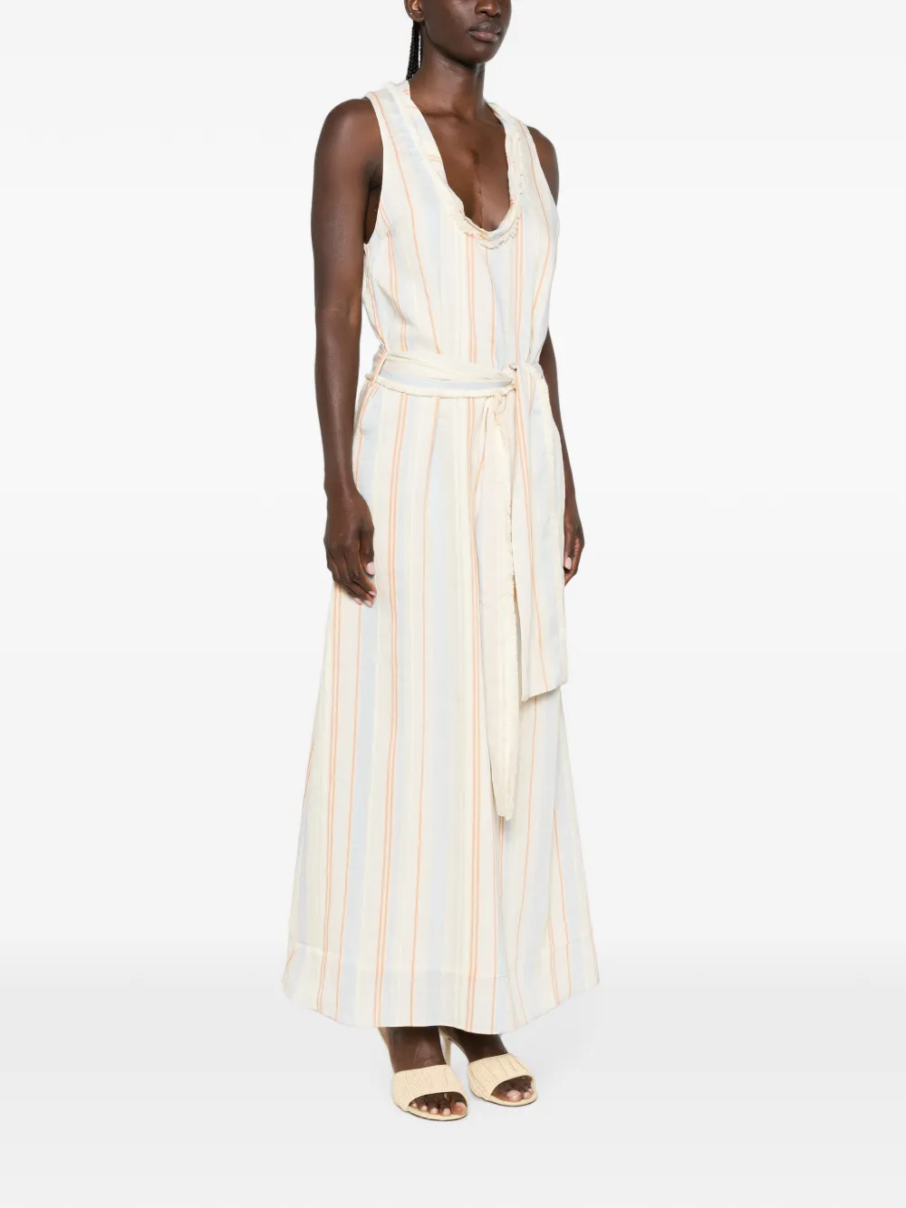SIR. Pernille gestreepte jurk met diepe ronde hals Beige