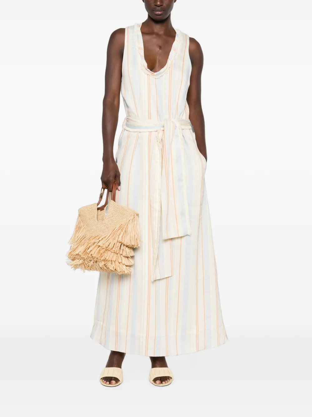 SIR. Pernille gestreepte jurk met diepe ronde hals Beige