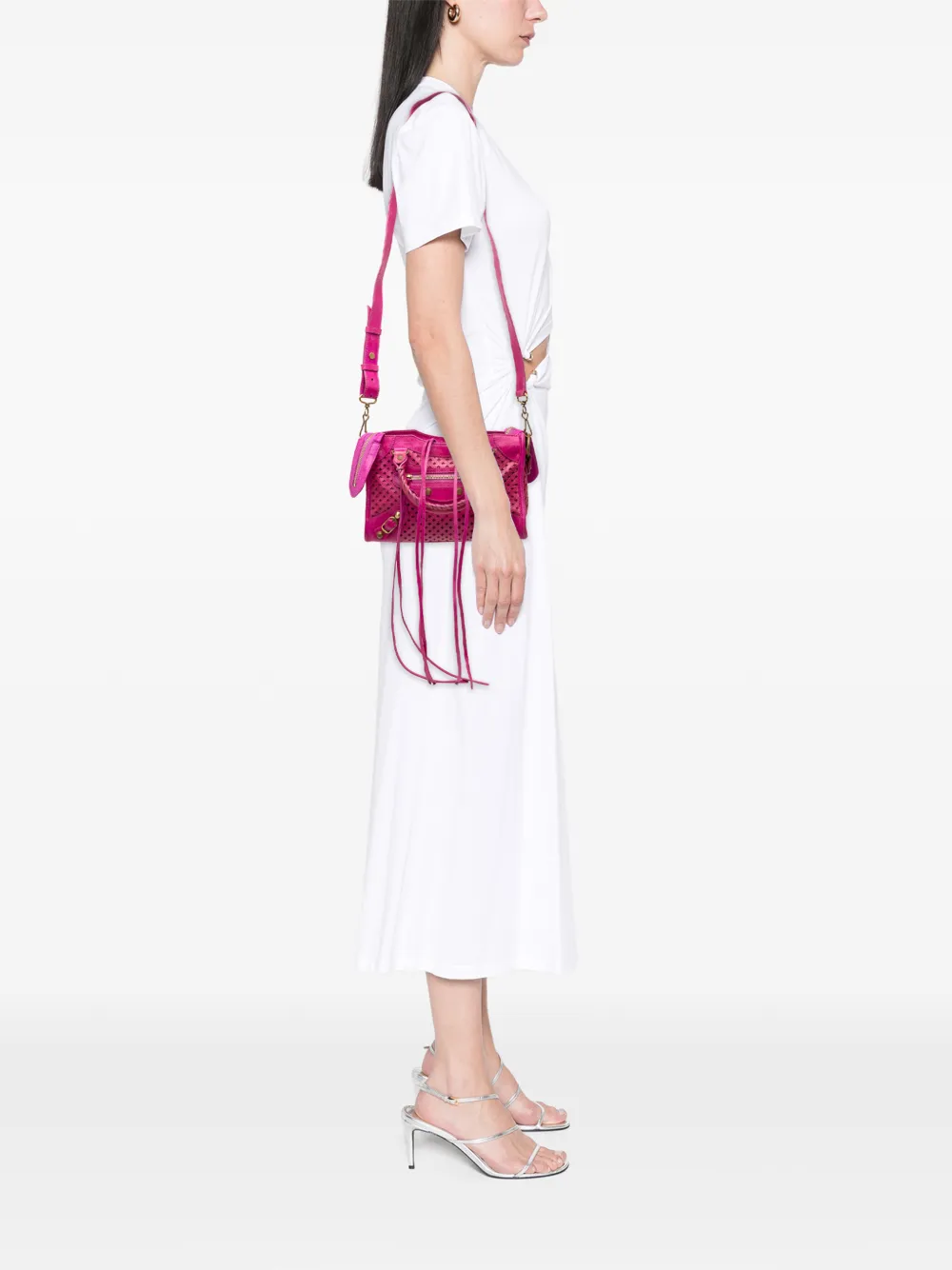  Balenciaga Pre-owned 2013 Mini Lambskin Motocross Stadio Laser Cut Cross Classic City Satchel - Pink 