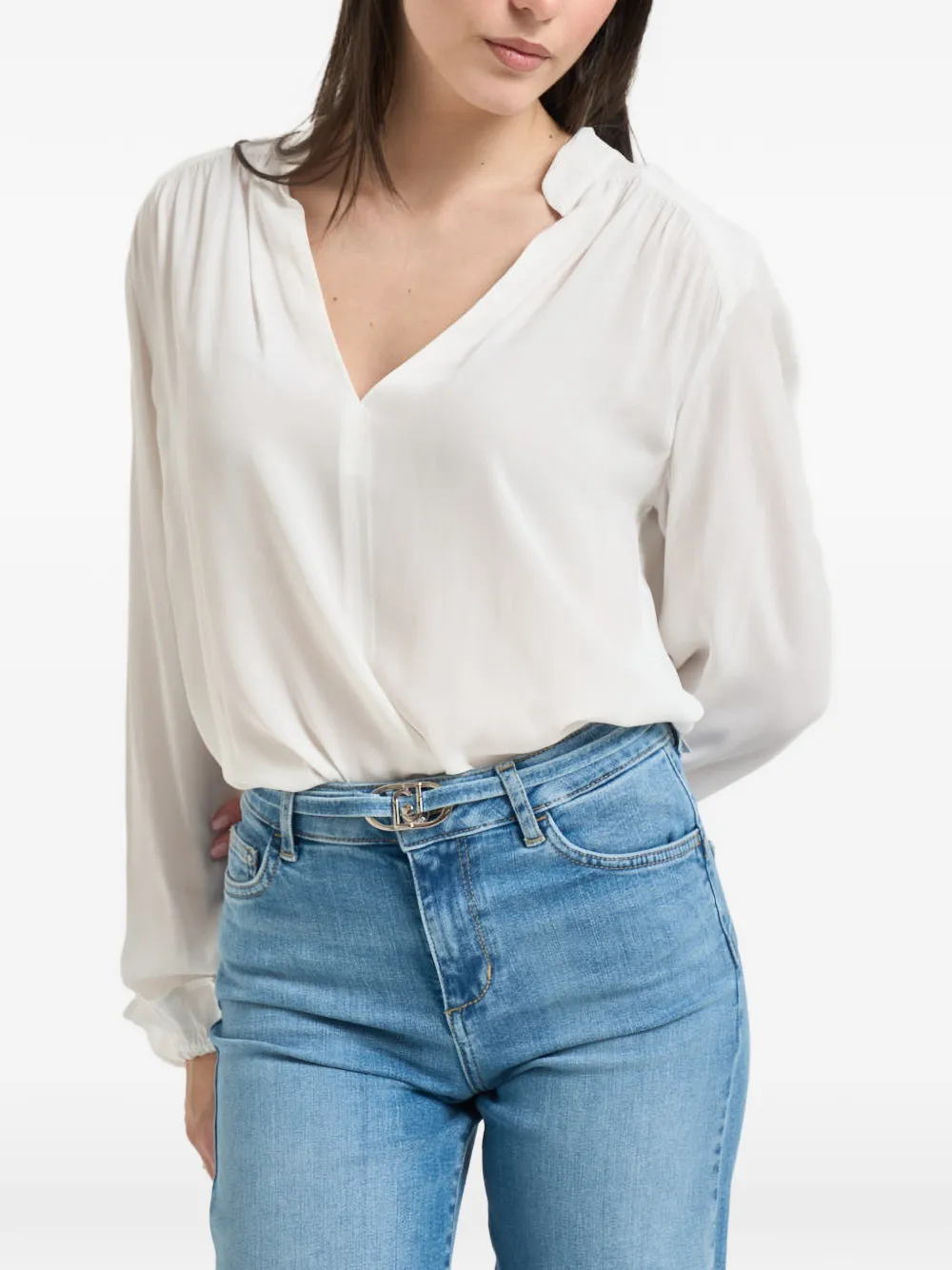 LIU JO ruffled-cuff V-neck shirt - Bianco