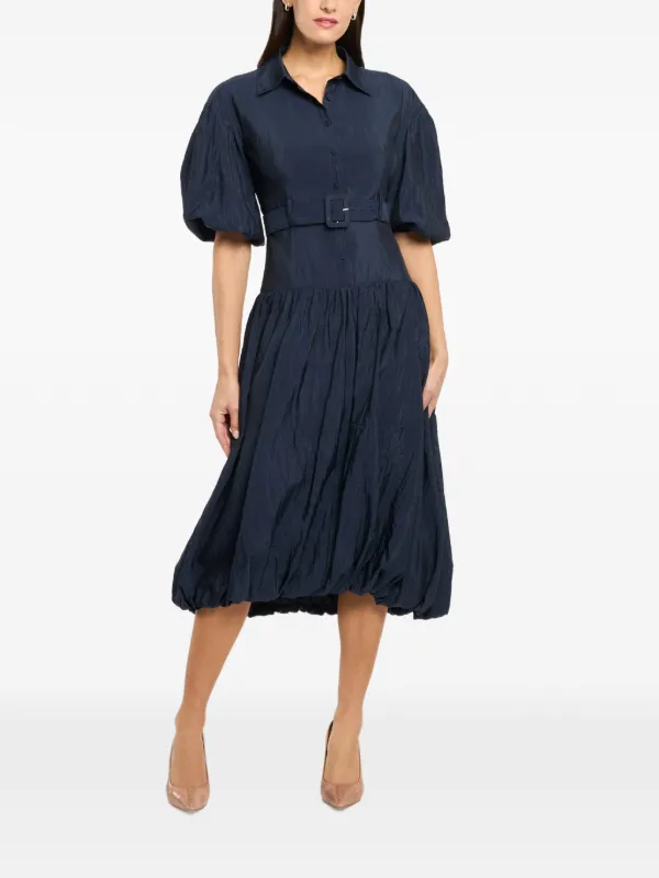 puff sleeve belted midi dress Navy Puff Sleeve Belted Midi Shirt Dress Mac Duggal