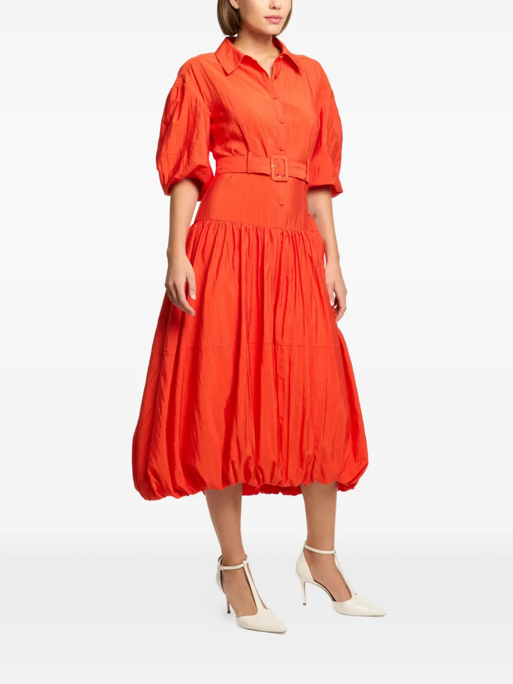 Cinq A Sept Daliah midi-jurk met ballonmouwen en ceintuur Rood