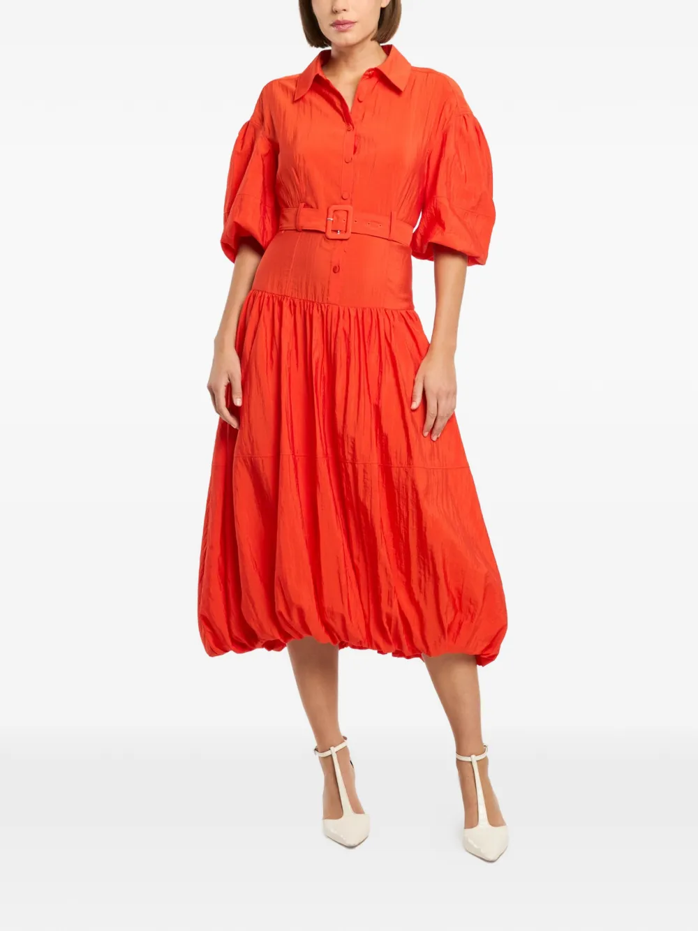 Cinq A Sept Daliah midi-jurk met ballonmouwen en ceintuur Rood