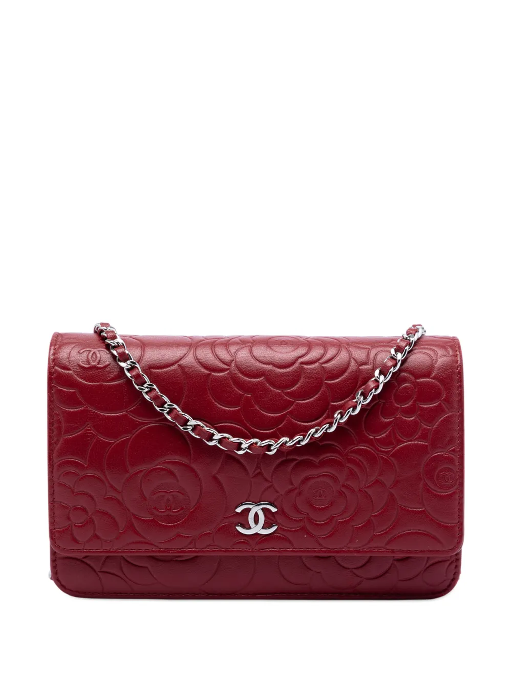 CHANEL Pre-Owned 2012-2013 CC Embossed Lambskin Camellia Wallet On Chain crossbody bag - Rosso