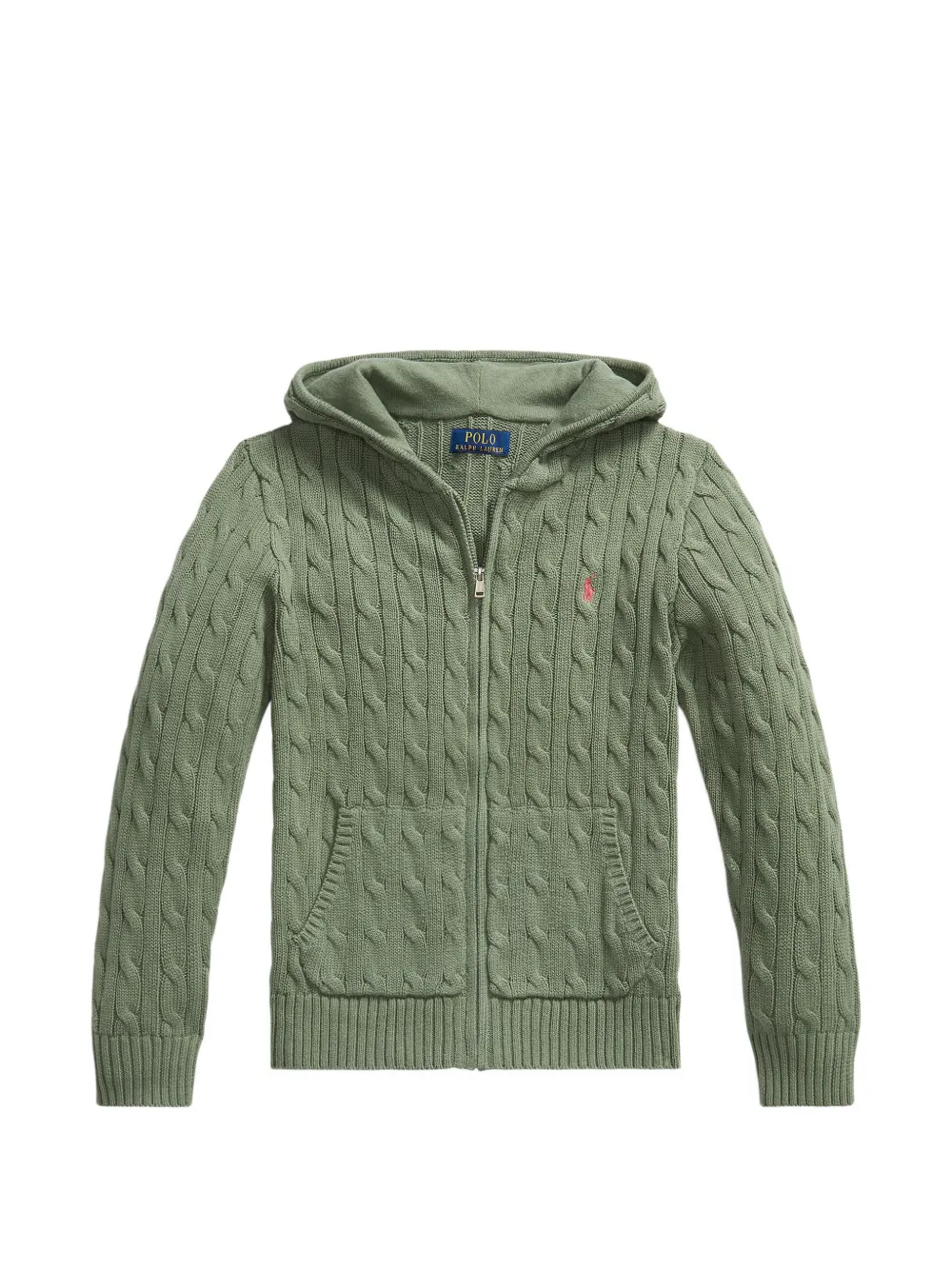 POLO RALPH LAUREN KIDS cable-knit logo-detail zip-up hooded cotton sweater - Verde