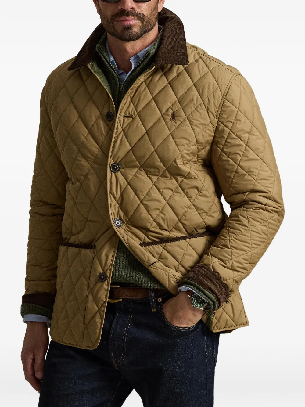 Polo Ralph Lauren Gewatteerd jack met ribfluwelen kraag Bruin