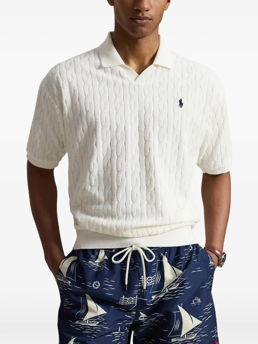 Polo Ralph Lauren Kabelgebreide trui met Johnny kraag Wit