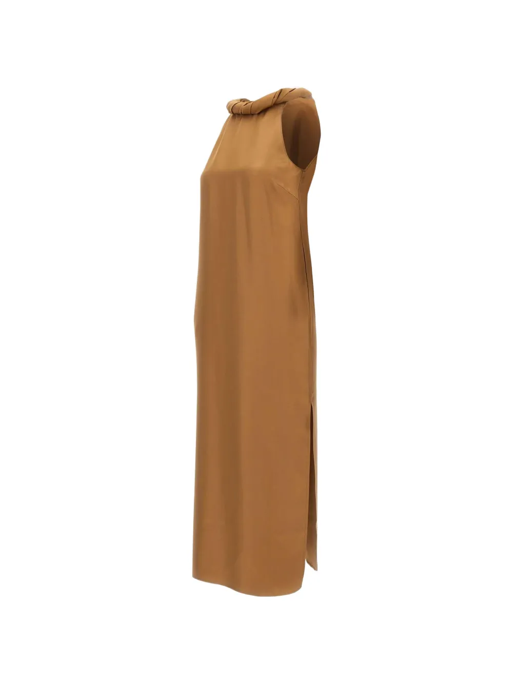 LouLou de Saison Susan mouwloze midi-jurk met gedraaide kraag Bruin
