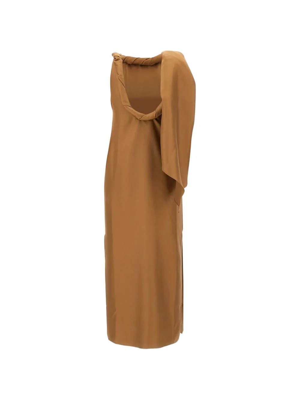 LouLou de Saison Susan mouwloze midi-jurk met gedraaide kraag Bruin