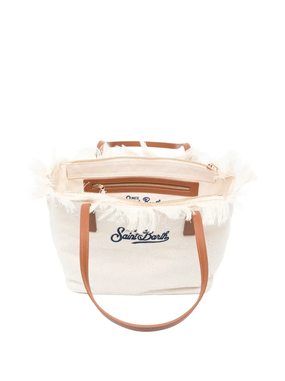 MC2 Saint Barth City midi-schoudertas met franje en bloemen Beige