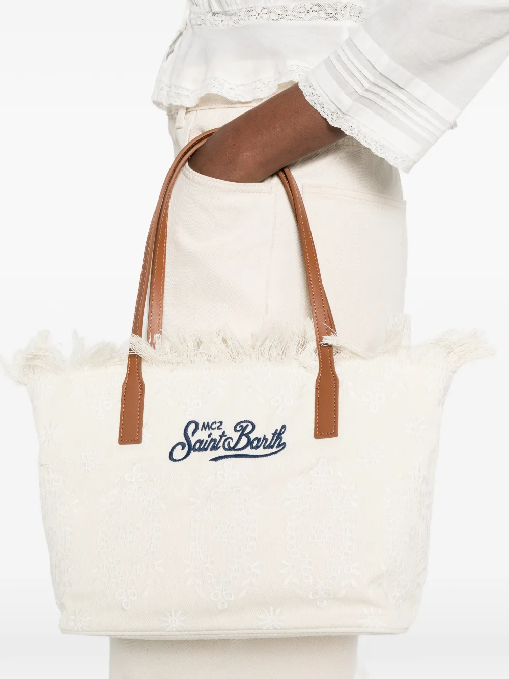  Mc2 Saint Barth Mid City Fringed Floral Shoulder Bag - Neutrals 