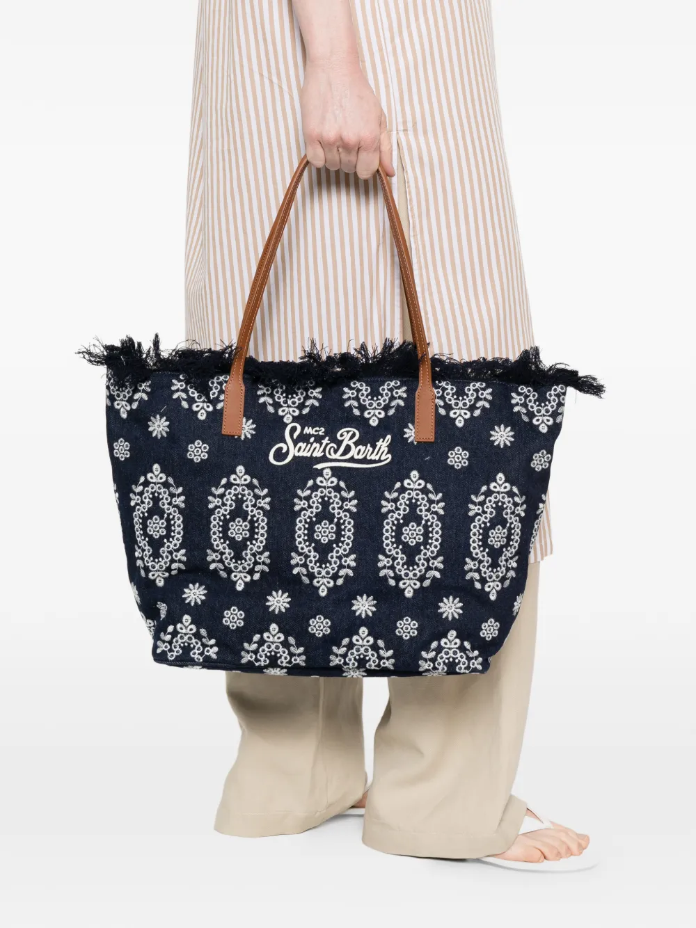  Mc2 Saint Barth Fringed-detail Floral-embroidery Tote Bag - Blue 