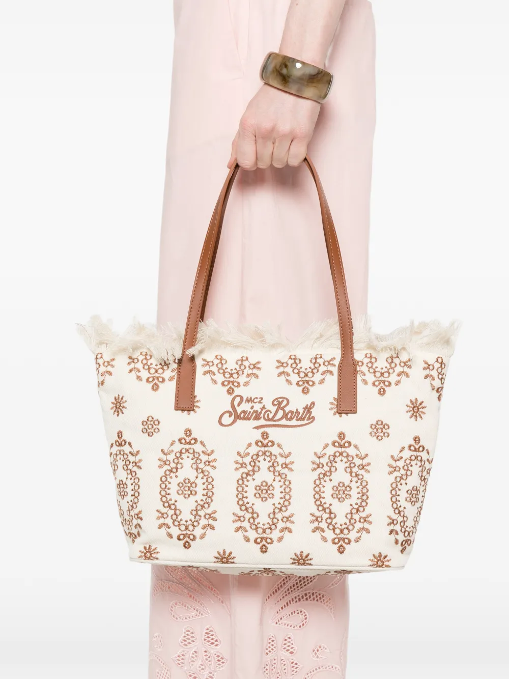  Mc2 Saint Barth Floral-embroidered Fringed-detail Tote Bag - Neutrals 