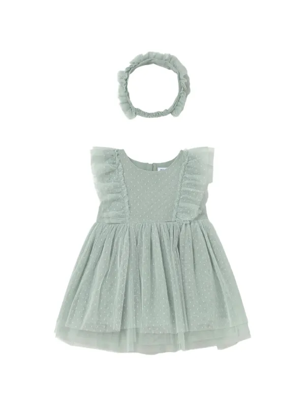 mayoral grey dress ruffled-detail Set | Green embroidery.