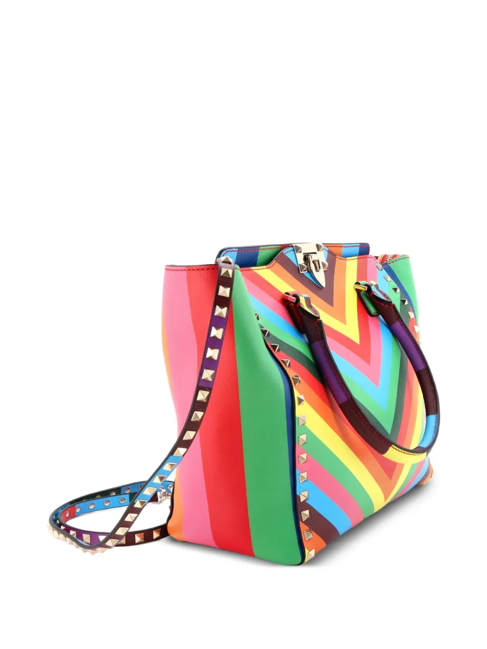 1973 Rockstud Striped Leather Small Tote Bag