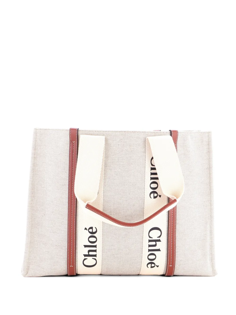 Pre-owned Chloé Woody Canvas With Leather Large Tote Bag In Neutral