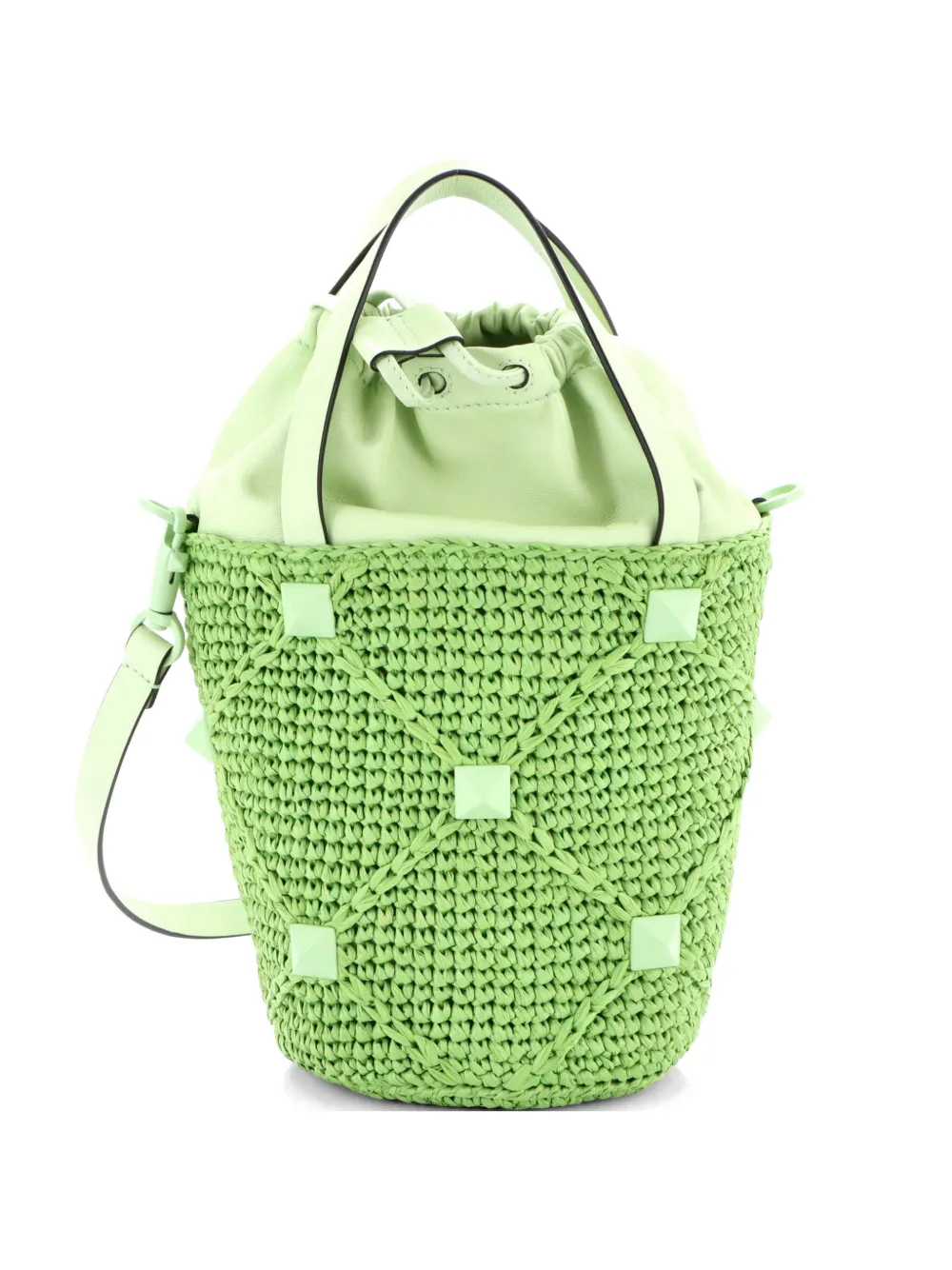 Valentino Garavani Pre-Owned Roman Stud Raffia and Leather bucket bag - Verde