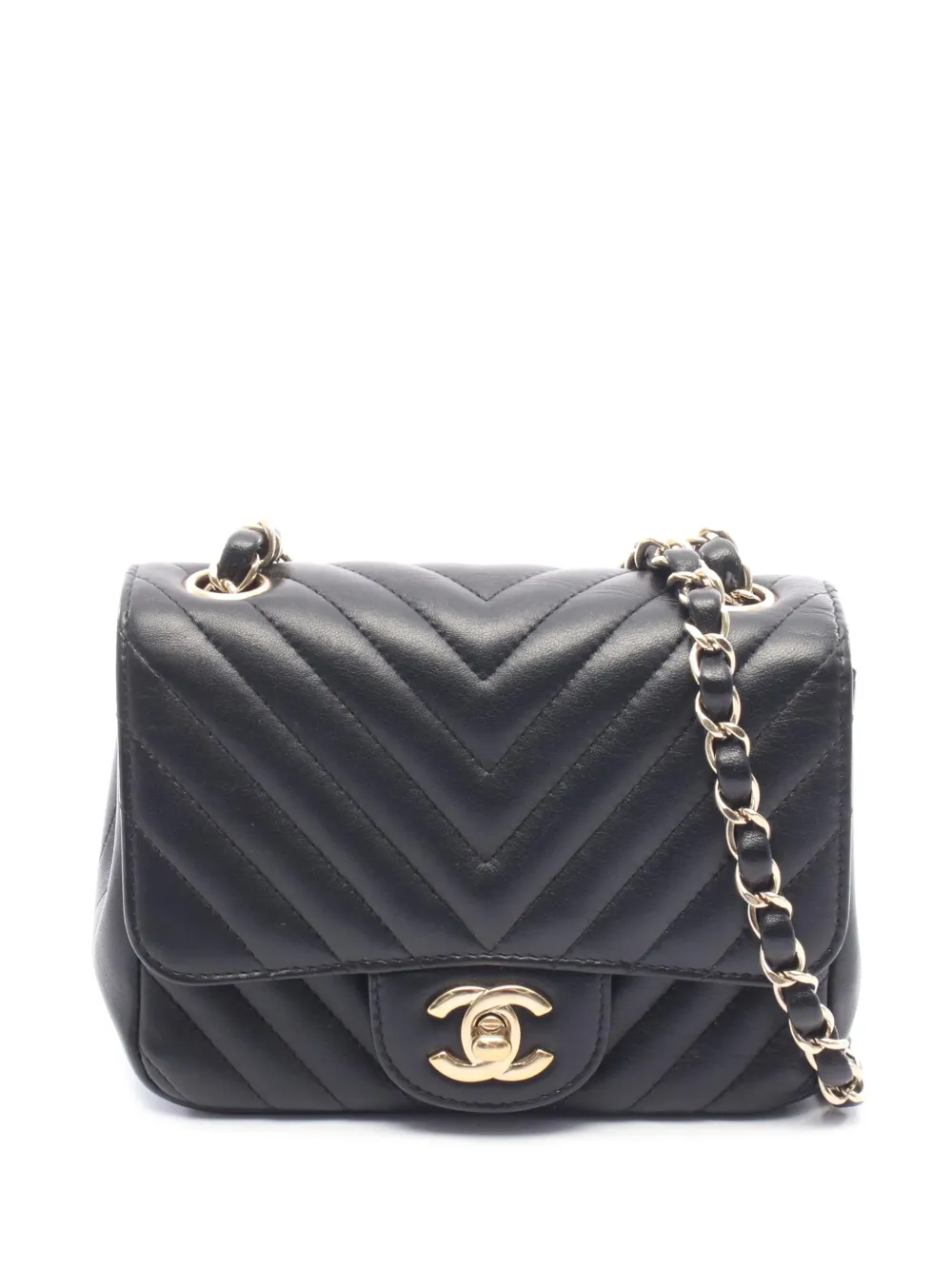 Pre-owned Chanel 2018-2019 Mini Square Classic Chevron Lambskin Single Flap Crossbody Bag In Black
