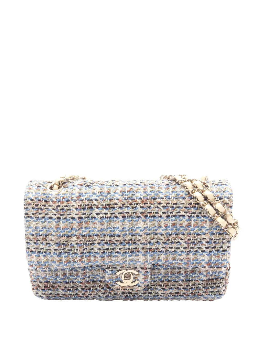 Pre-owned Chanel 2019 Medium Classic Tweed Double Flap Shoulder Bag In Blue