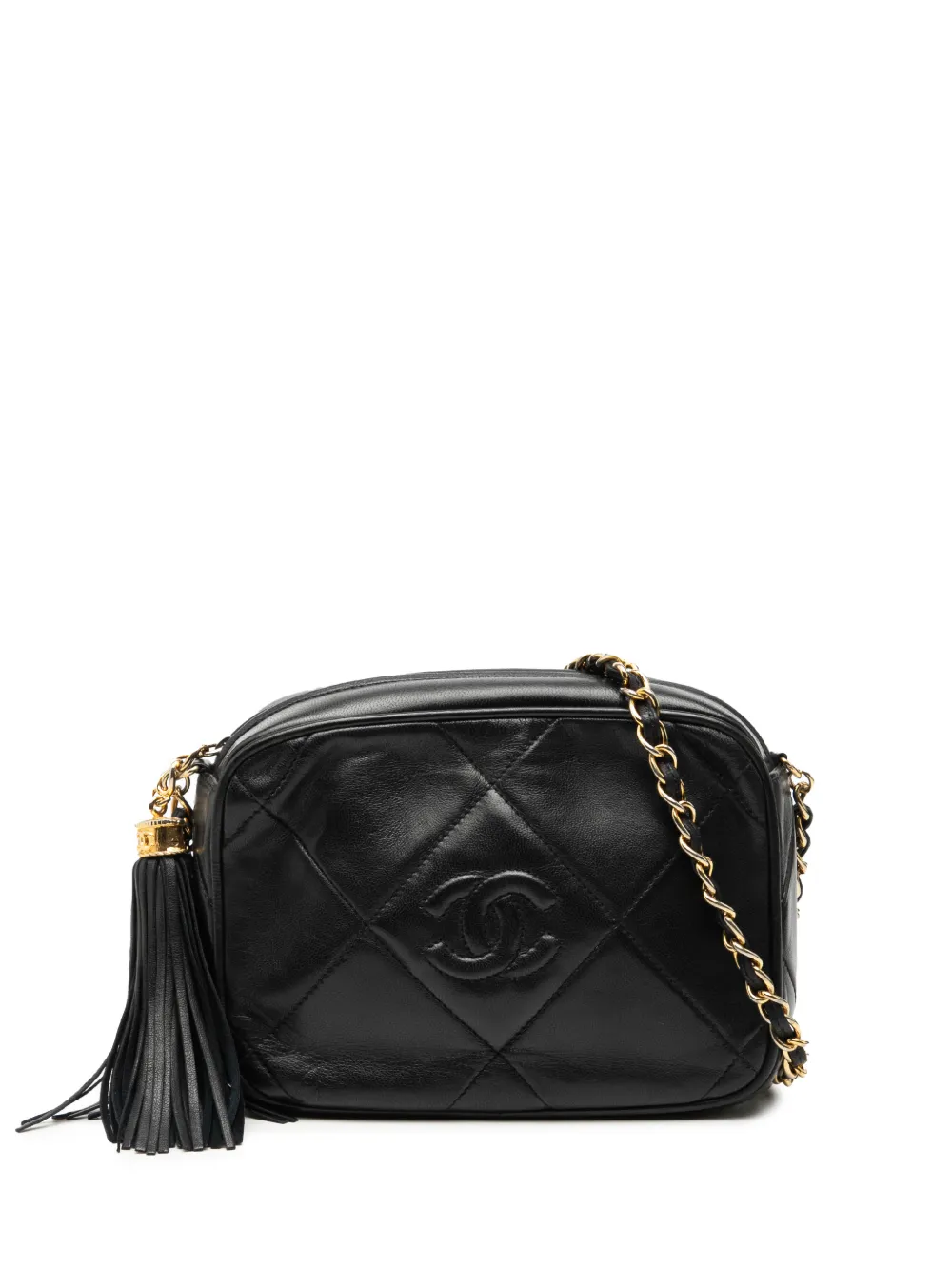 Pre-owned Chanel 1986-1988 Cc Quilted Lambskin Tassel Camera Bag Crossbody Bag In Black