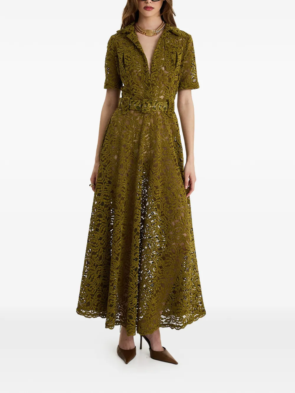 Moos Studio Olive Sinner Lace Belted Maxi Dress In Green