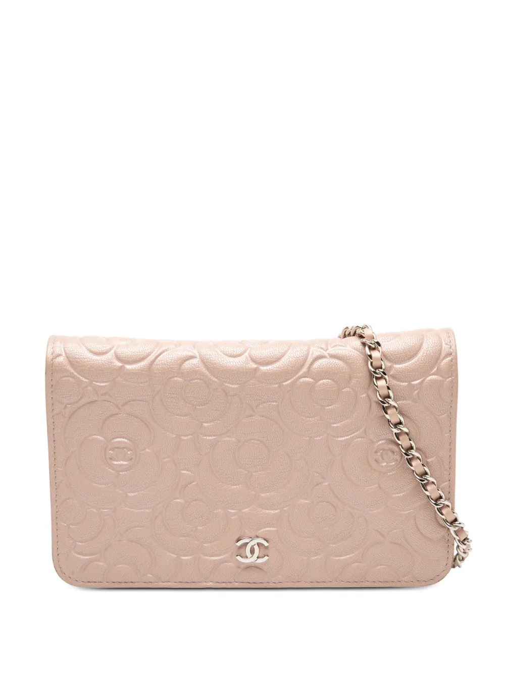Pre-owned Chanel 2019 Cc Embossed Lambskin Camellia Wallet On Chain Crossbody Bag In Pink
