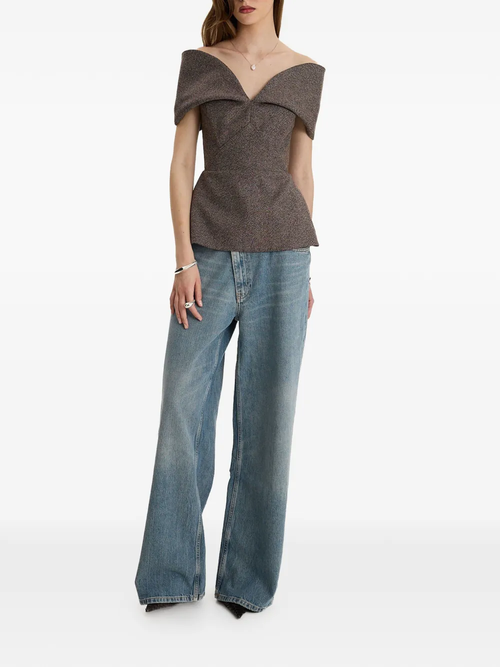  Moos Studio Brown Edit Off-shoulder Peplum Top 