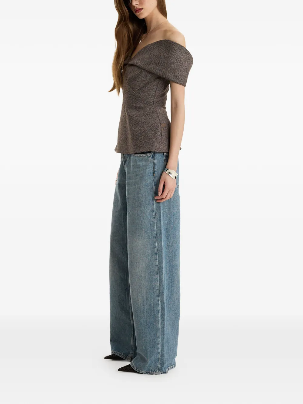  Moos Studio Brown Edit Off-shoulder Peplum Top 
